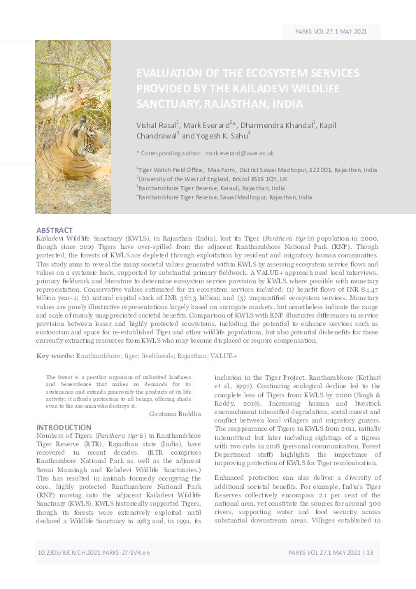 Evaluation of the ecosystem services provided by the Kailadevi wildlife sanctuary, Rajasthan, India Thumbnail