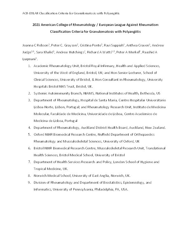 2022 American College of Rheumatology/European Alliance of Associations for rheumatology classification criteria for granulomatosis with polyangiitis Thumbnail