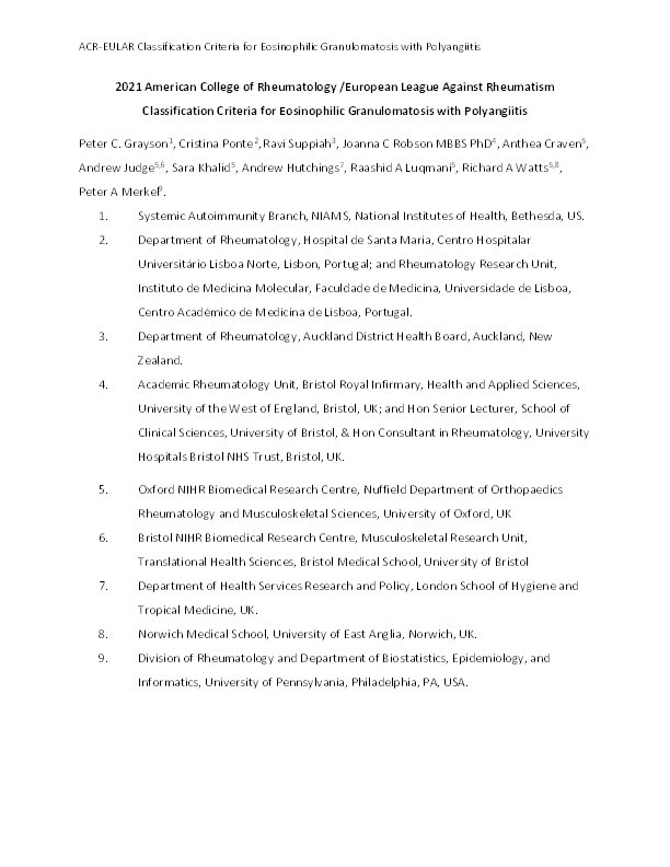 2022 American College of Rheumatology/European Alliance of Associations for Rheumatology classification criteria for eosinophilic granulomatosis with polyangiitis Thumbnail