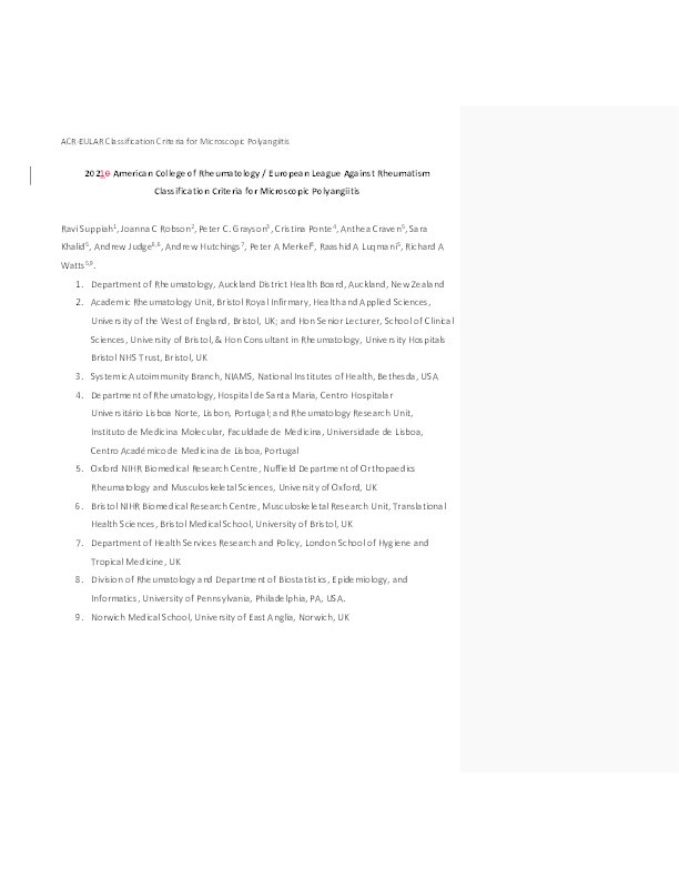 2022 American College of Rheumatology/European Alliance of Associations for rheumatology classification criteria for microscopic polyangiitis Thumbnail
