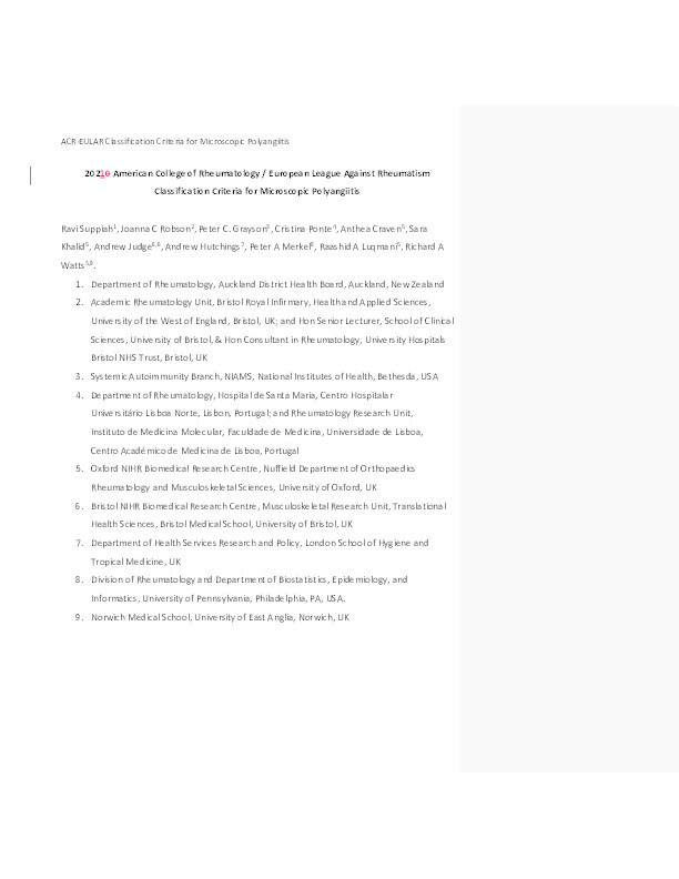 2022 American College of Rheumatology/European Alliance of Associations for rheumatology classification criteria for microscopic polyangiitis Thumbnail