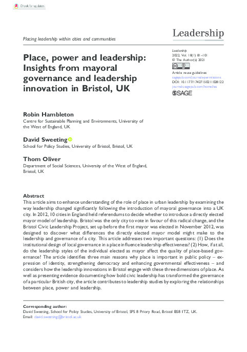 Place, power and leadership: Insights from mayoral governance and leadership innovation in Bristol, UK Thumbnail