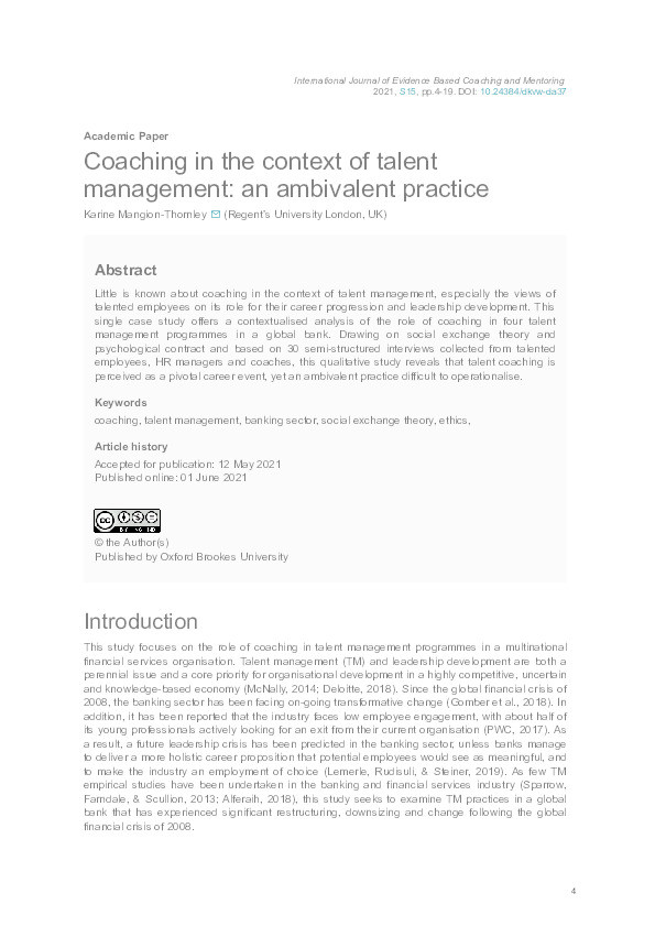 Coaching in the context of talent management: An ambivalent practice Thumbnail