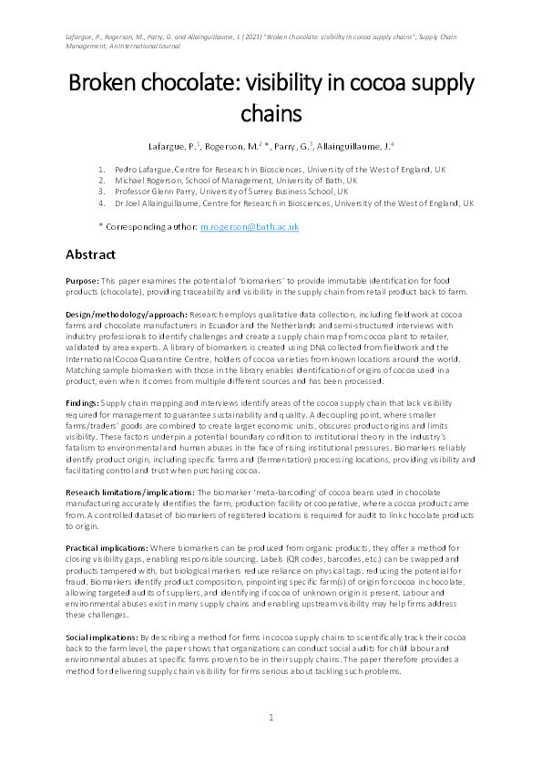 Broken chocolate: Biomarkers as a method for delivering cocoa supply chain visibility Thumbnail