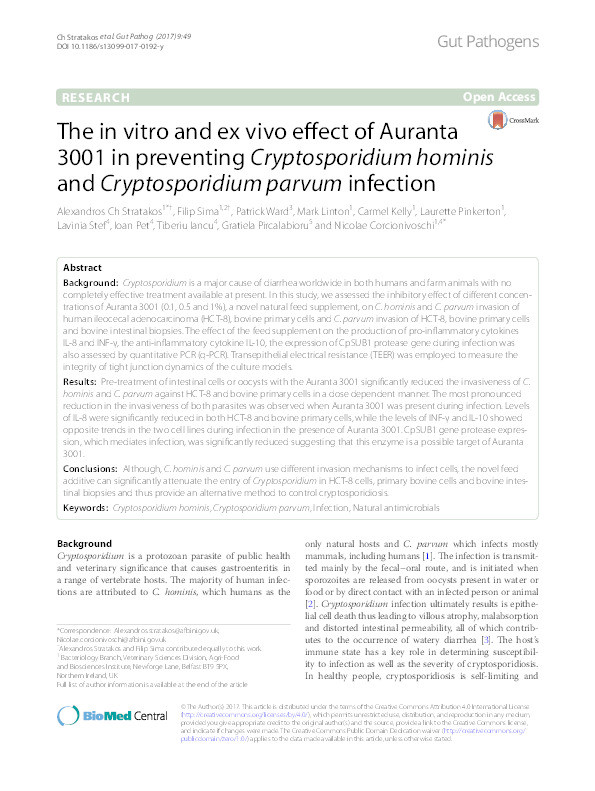 The in vitro and ex vivo effect of Auranta 3001 in preventing Cryptosporidium hominis and Cryptosporidium parvum infection Thumbnail