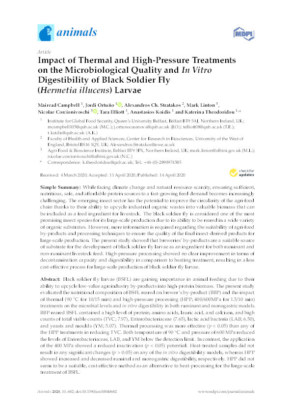 Impact of thermal and high-pressure treatments on the microbiological quality and in vitro digestibility of black soldier fly (Hermetia illucens) larvae Thumbnail