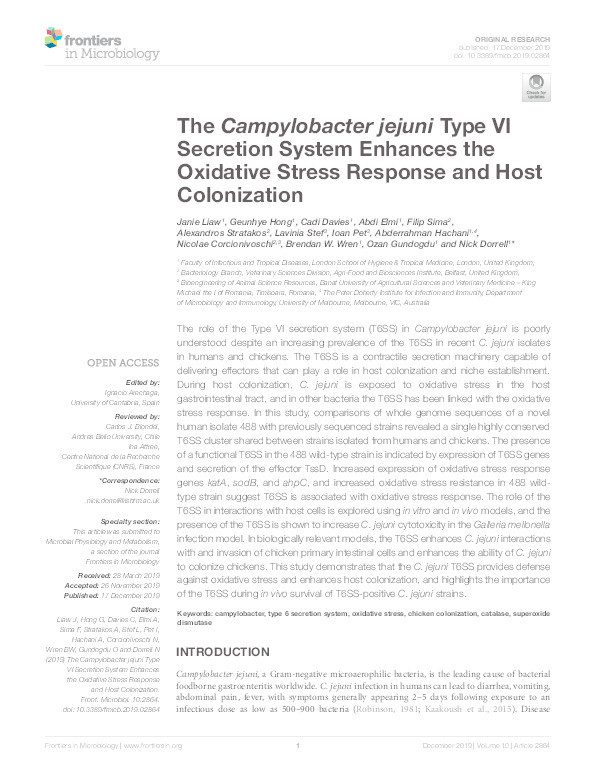 The Campylobacter jejuni type VI secretion system enhances the oxidative stress response and host colonization Thumbnail