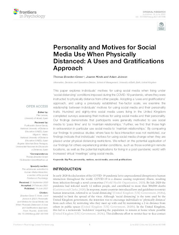 Personality and motives for social media use when physically distanced: A uses and gratifications approach Thumbnail