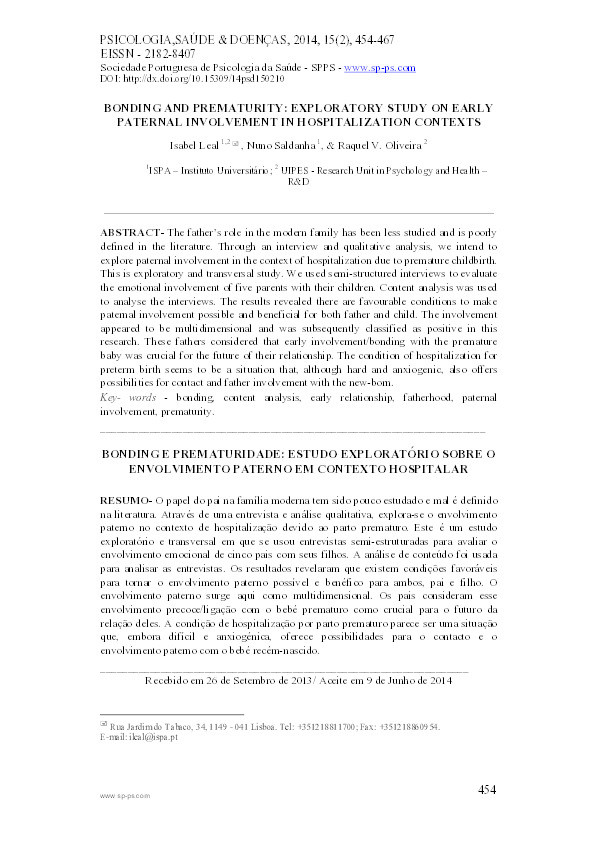 Bonding and prematurity: An exploratory study of early paternal involvement in the context of hospitalization Thumbnail