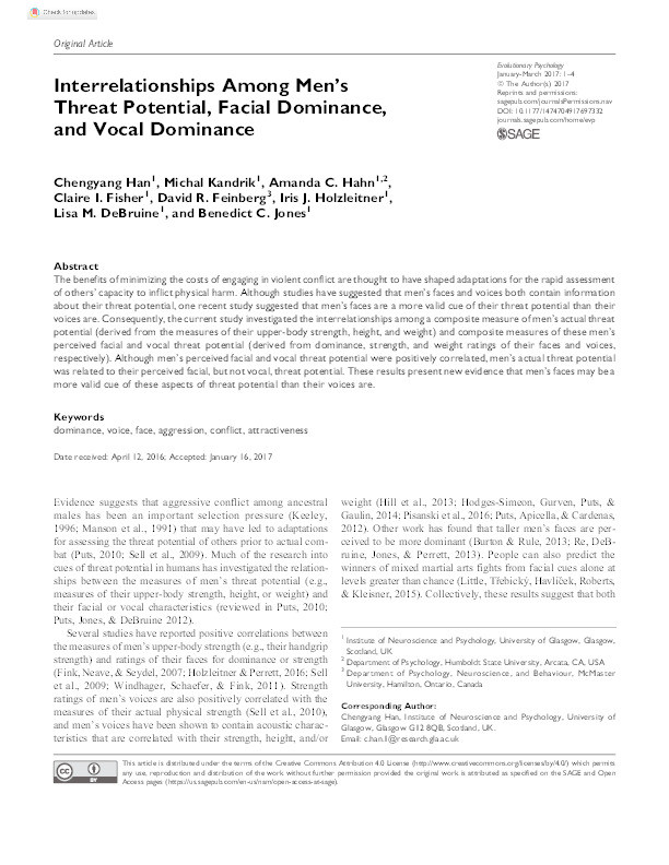 Interrelationships among men’s threat potential, facial dominance, and vocal dominance Thumbnail