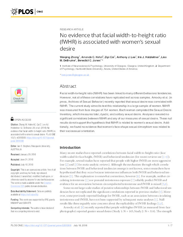 No evidence that facial width-to-height ratio (fWHR) is associated with women's sexual desire Thumbnail