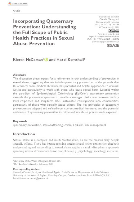 Incorporating  quaternary prevention: Understanding the full scope of public health practices in sexual abuse prevention Thumbnail
