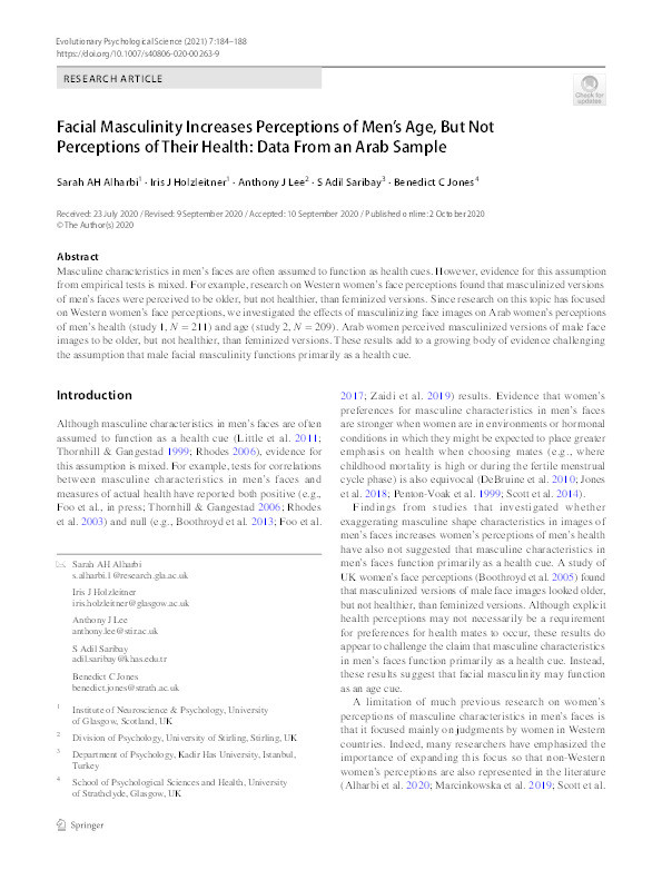 Facial masculinity increases perceptions of men’s age, but not perceptions of their health: Data from an Arab sample Thumbnail