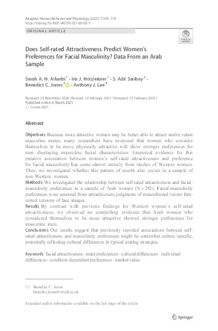 Does self-rated attractiveness predict women’s preferences for facial masculinity? Data from an Arab sample Thumbnail