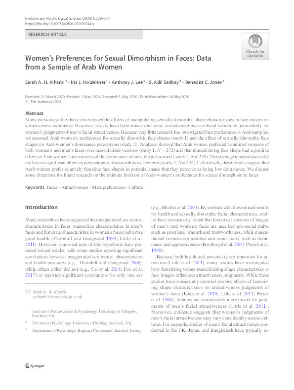 Women’s preferences for sexual dimorphism in faces: Data from a sample of Arab women Thumbnail