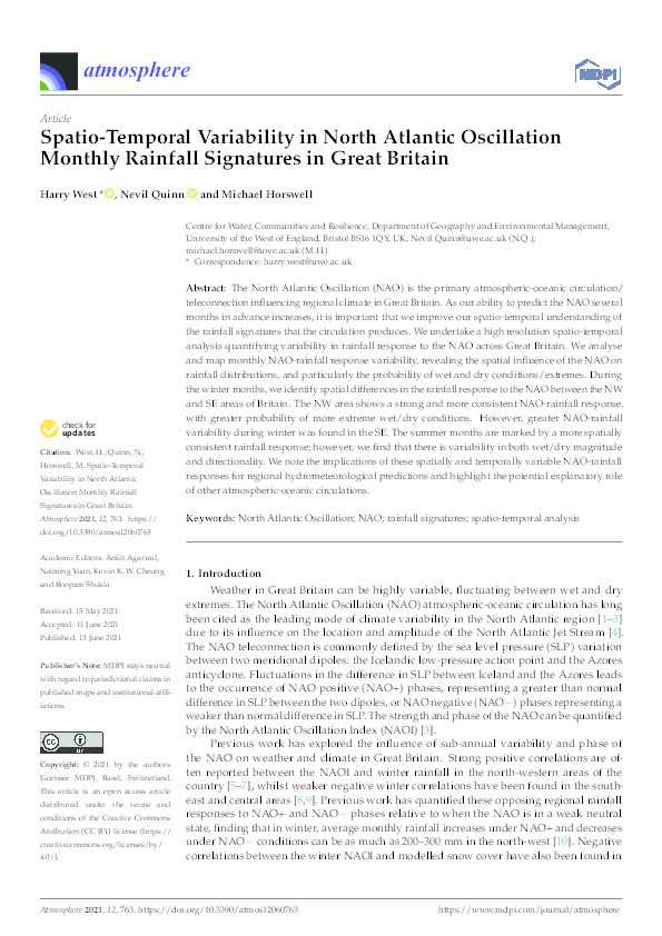 Spatio-temporal variability in North Atlantic oscillation monthly rainfall signatures in Great Britain Thumbnail