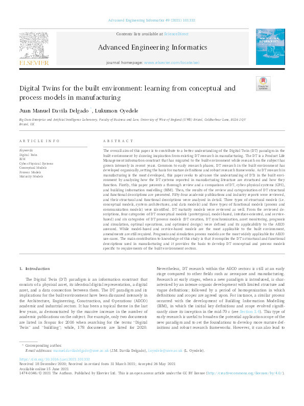 Digital Twins for the built environment: Learning from conceptual and process models in manufacturing Thumbnail