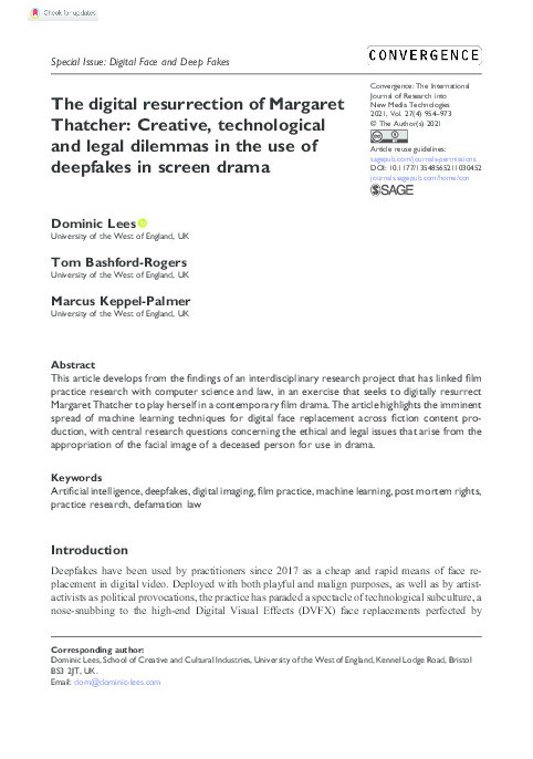 The digital resurrection of Margaret Thatcher: Creative, technological and legal dilemmas in the use of deepfakes in screen drama Thumbnail