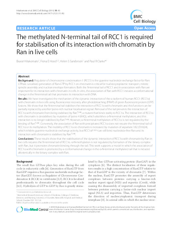 The methylated N-terminal tail of RCC1 is required for stabilisation of its interaction with chromatin by Ran in live cells Thumbnail