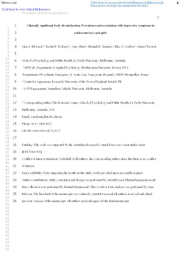 Clinically significant body dissatisfaction: Prevalence and association with depressive symptoms in adolescent boys and girls Thumbnail