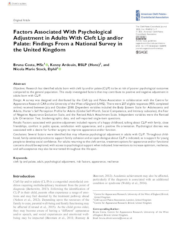 Factors associated with psychological adjustment in adults with cleft lip and/or palate: Findings from a national survey in the United Kingdom Thumbnail