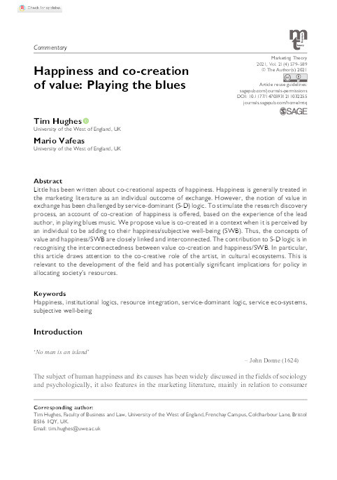 Happiness and co-creation of value: Playing the blues Thumbnail
