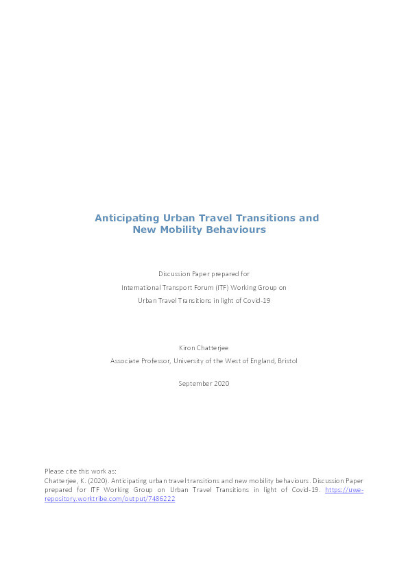 Anticipating urban travel transitions and new mobility behaviours. Discussion Paper prepared for ITF Working Group on Urban Travel Transitions in light of Covid-19 Thumbnail