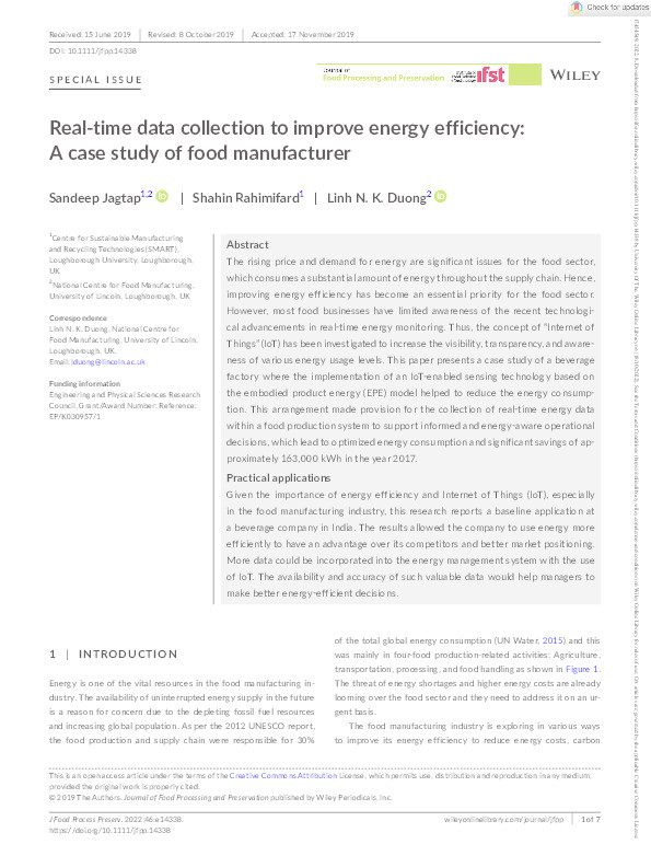 Real-time data collection to improve energy efficiency: A case study of food manufacturer Thumbnail