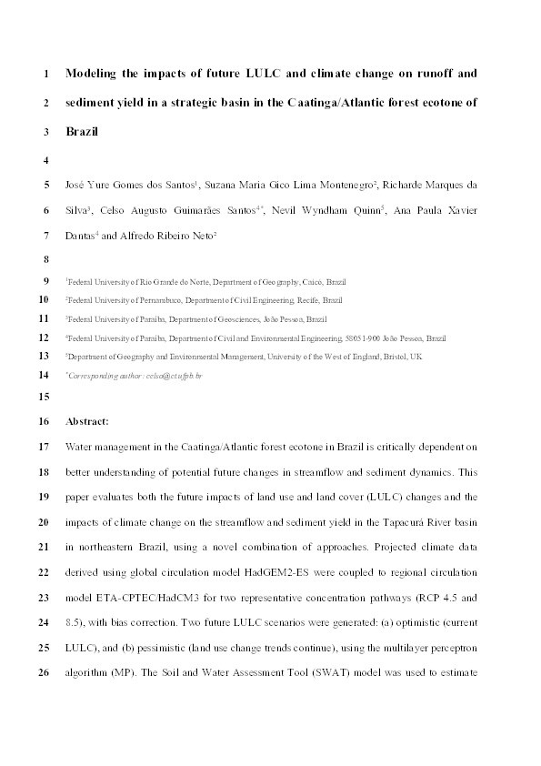 Modeling the impacts of future LULC and climate change on runoff and sediment yield in a strategic basin in the Caatinga/Atlantic forest ecotone of Brazil Thumbnail