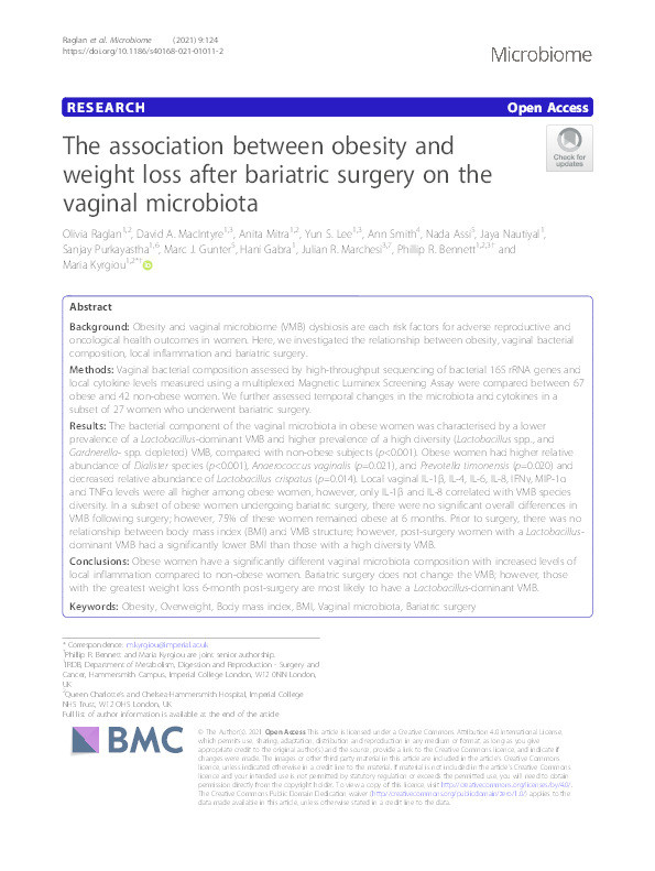 The association between obesity and weight loss after bariatric surgery on the vaginal microbiota Thumbnail