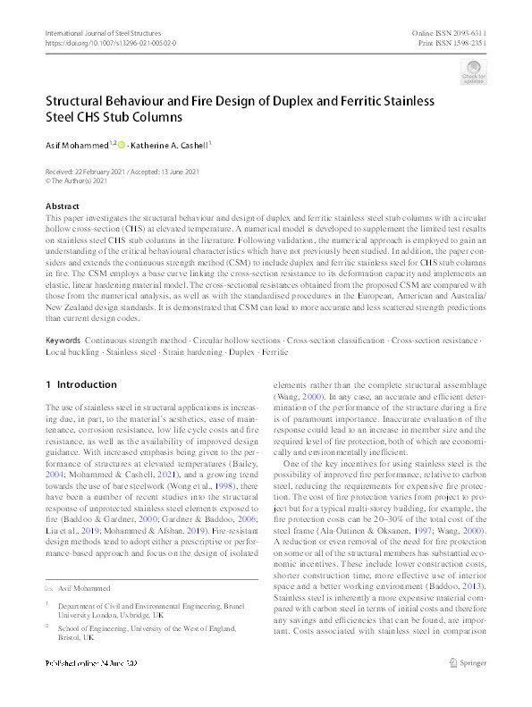 Structural behaviour and fire design of duplex and ferritic stainless steel CHS stub columns Thumbnail