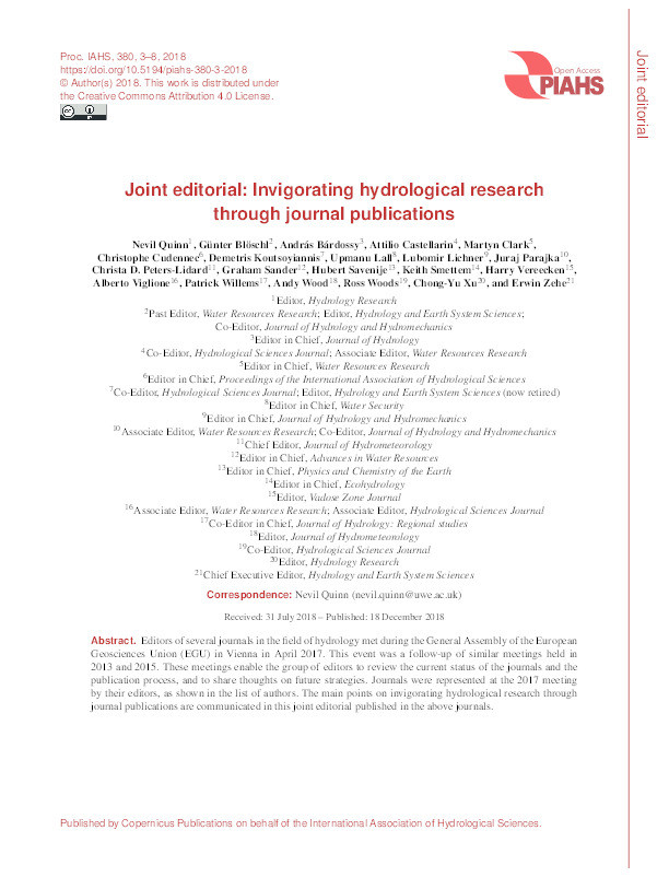 Joint editorial: Invigorating hydrological research through journal publications Thumbnail