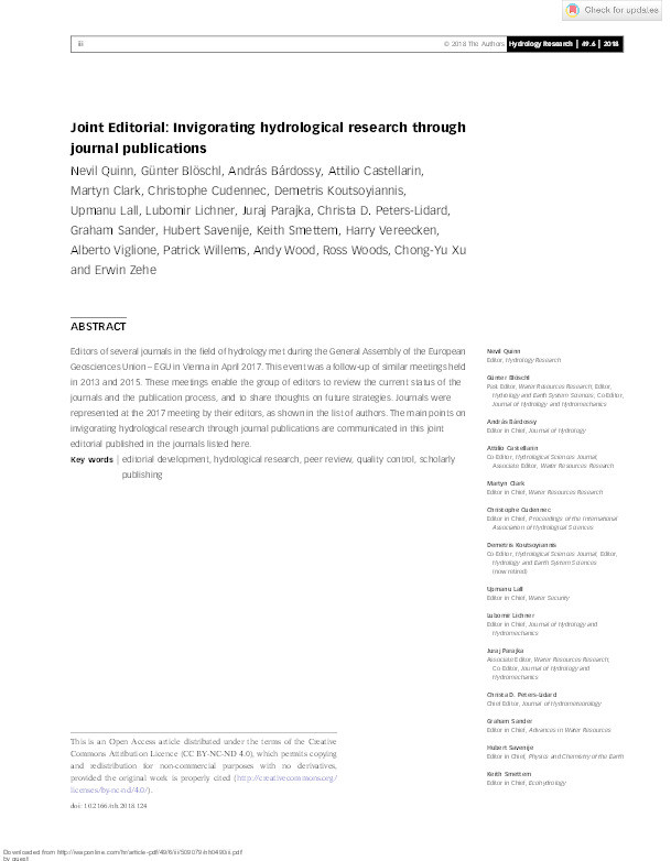 Joint editorial: Invigorating hydrological research through journal publications Thumbnail