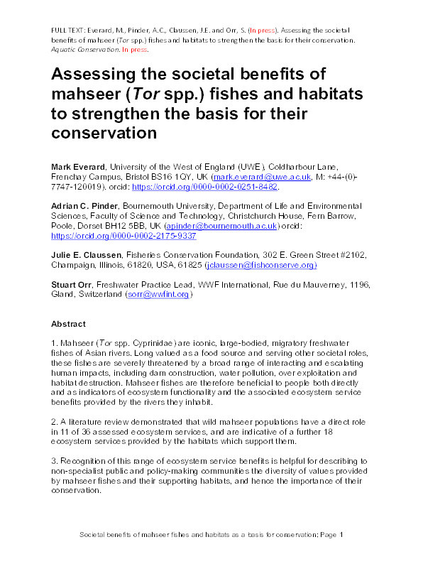 Assessing the societal benefits of mahseer (Torspp.) fishes to strengthen the basis for their conservation Thumbnail