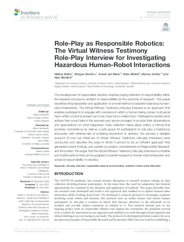 Role-play as responsible robotics: The virtual witness testimony role-play interview for investigating hazardous human-robot interactions Thumbnail