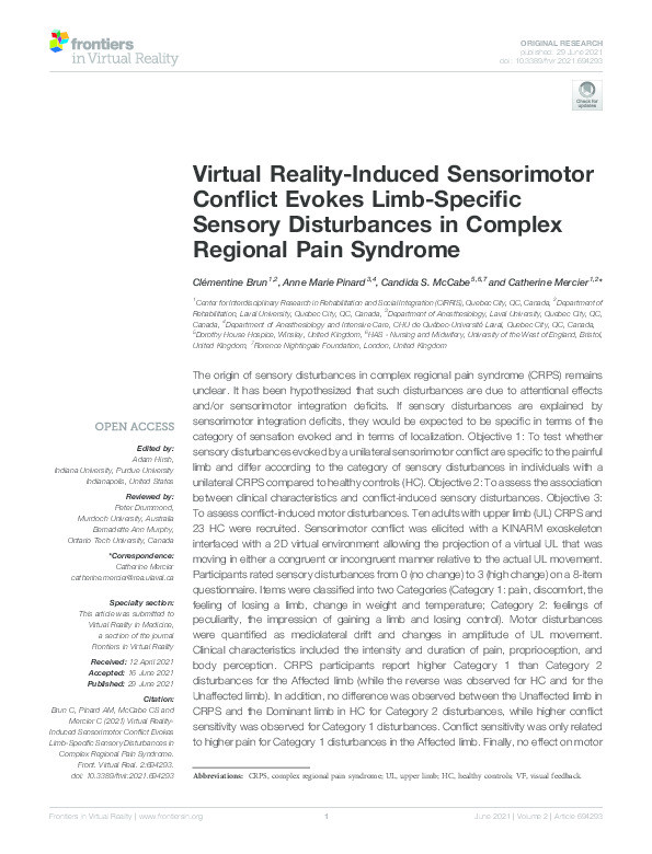 Virtual reality-induced sensorimotor conflict evokes limb-specific sensory disturbances in complex regional pain syndrome Thumbnail