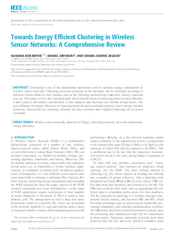 Towards energy efficient clustering in wireless sensor networks: A comprehensive review Thumbnail