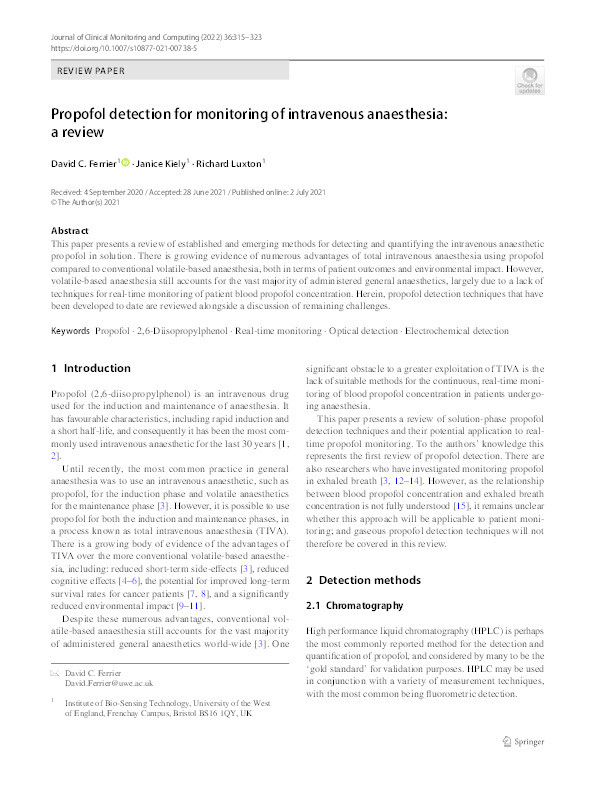 Propofol detection for monitoring of intravenous anaesthesia: A review Thumbnail