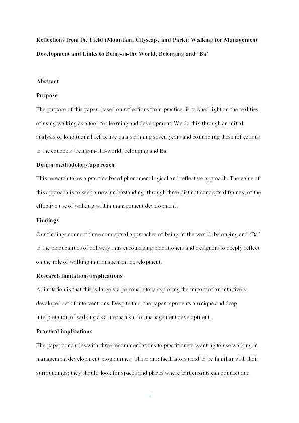 Reflections from the field (mountain, cityscape and park): Walking for management development and links to being-in-the world, belonging and ‘Ba’ Thumbnail