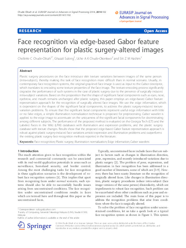 Face recognition via edge-based Gabor feature representation for plastic surgery-altered images Thumbnail