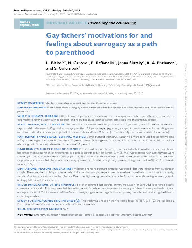 Gay fathers’ motivations for and feelings about surrogacy as a path to parenthood Thumbnail