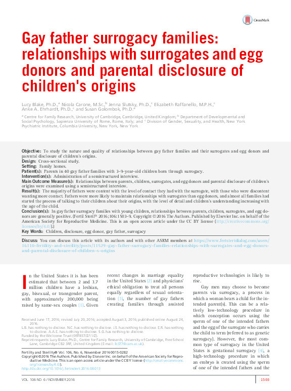 Gay father surrogacy families: Relationships with surrogates and egg donors and parental disclosure of children's origins Thumbnail