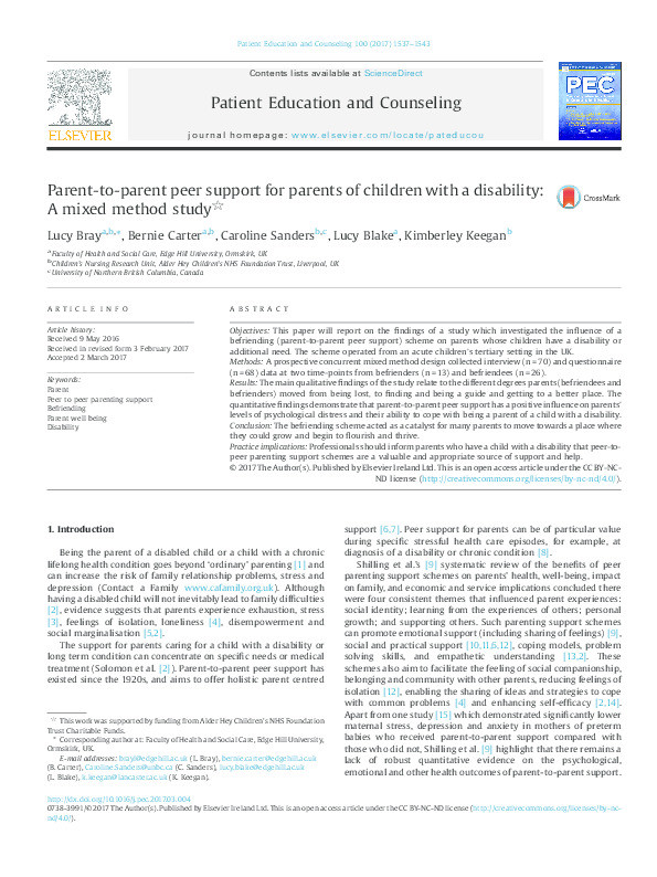 Parent-to-parent peer support for parents of children with a disability: A mixed method study Thumbnail