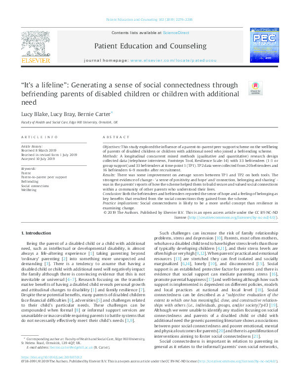 “It’s a lifeline”: Generating a sense of social connectedness through befriending parents of disabled children or children with additional need Thumbnail