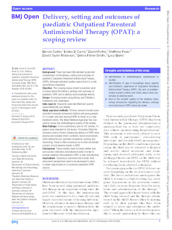 Delivery, setting and outcomes of paediatric Outpatient Parenteral Antimicrobial Therapy (OPAT): A scoping review Thumbnail