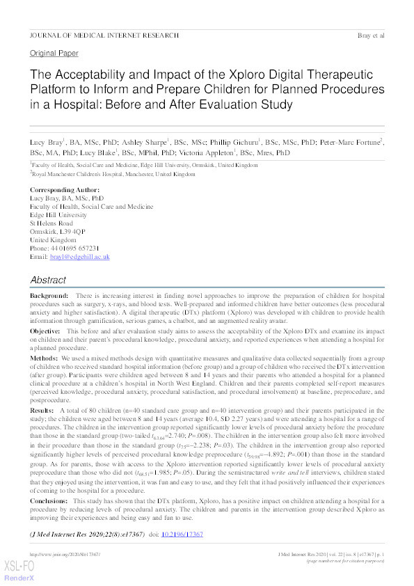 The acceptability and impact of the Xploro digital therapeutic platform to inform and prepare children for planned procedures in a hospital: Before and after evaluation study Thumbnail