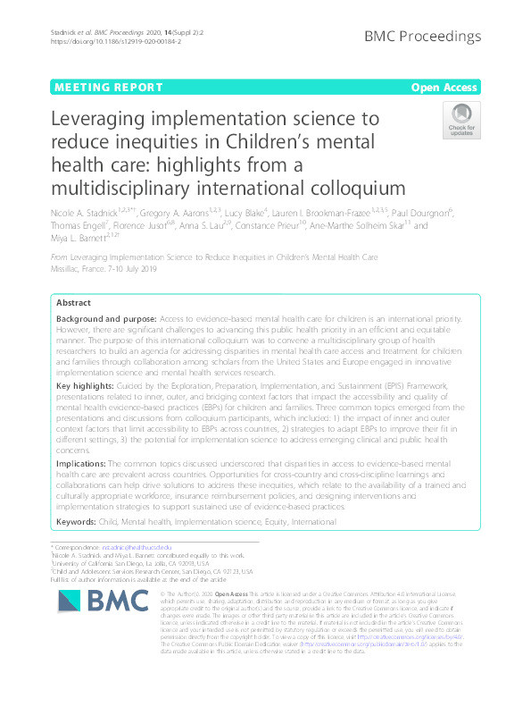 Leveraging implementation science to reduce inequities in children’s mental health care: Highlights from a multidisciplinary international colloquium Thumbnail