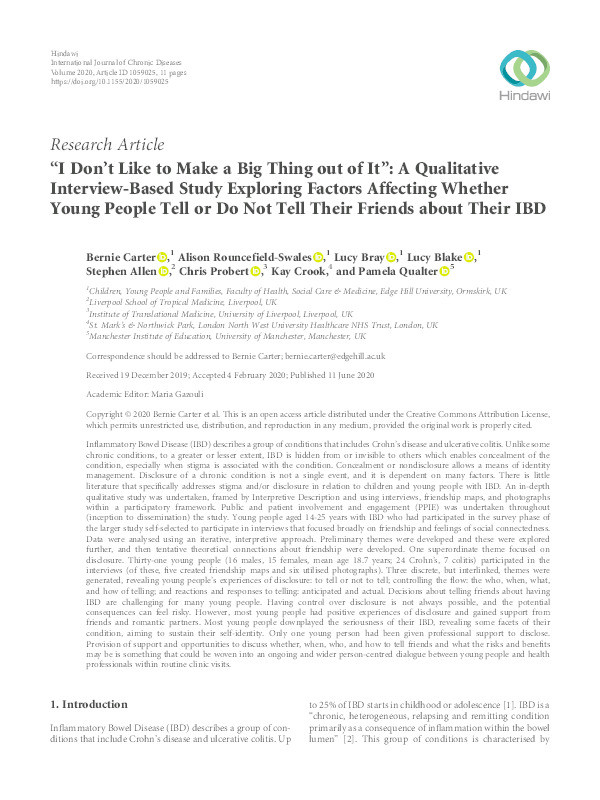 “I don’t like to make a big thing out of It”: A qualitative interview-based study exploring factors affecting whether young people tell or do not tell their friends about their IBD Thumbnail