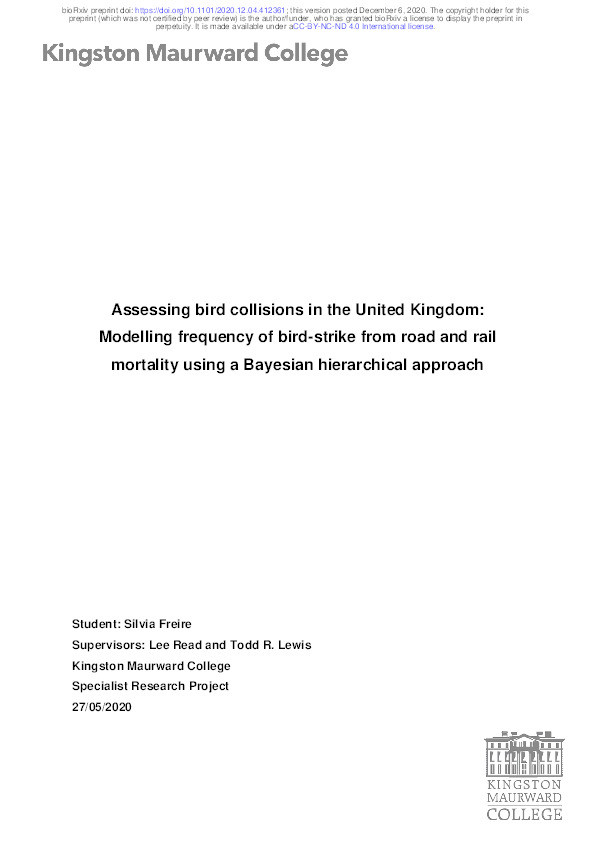 Assessing bird collisions in the United Kingdom: Modelling frequency of bird-strike from road and rail mortality using a Bayesian hierarchical approach Thumbnail