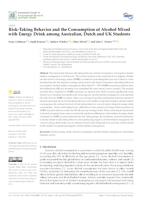 Risk-taking behavior and the consumption of alcohol mixed with energy drink among Australian, Dutch and UK students Thumbnail